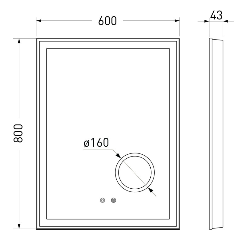 VOLLE Дзеркало прямокутне 60*80см, з підсвічуванням, диммером, підігрівом дзеркала, з лінзою 5X, (16-13-600M)