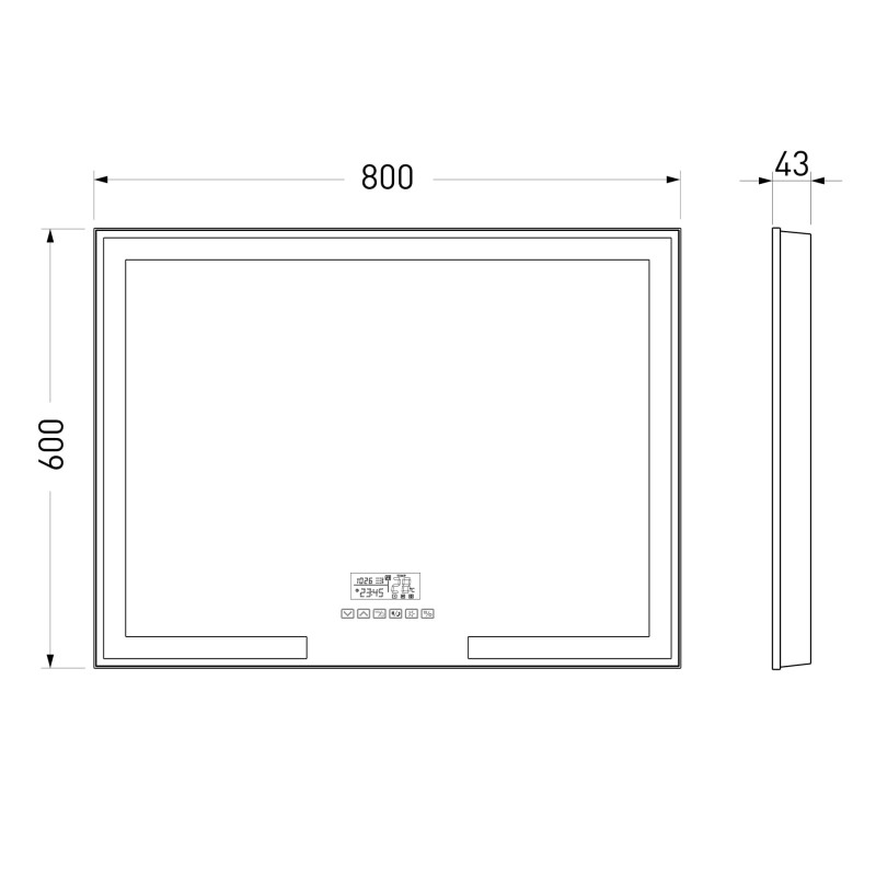 VOLLE Зеркало прямоугольное 80*60см с подсветкой, подогревом зеркала, bluetooth, часы, температура, (16-14-800)