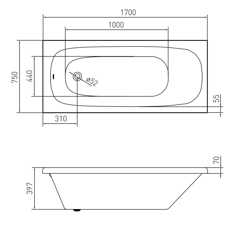 VOLLE ORLANDO ванна 170*75*40см без ніжок, акрил 5мм, (TS-1773540)