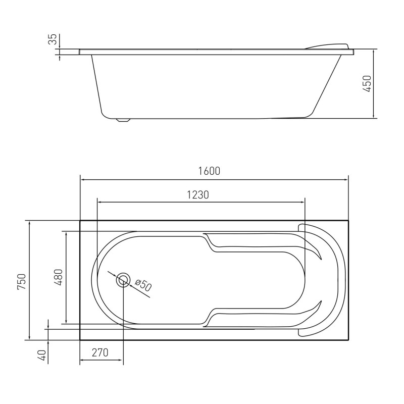 VOLLE IBERIA New ванна 160*75*40 см, без ніжок, акрил 5 мм, (TS-1672140)
