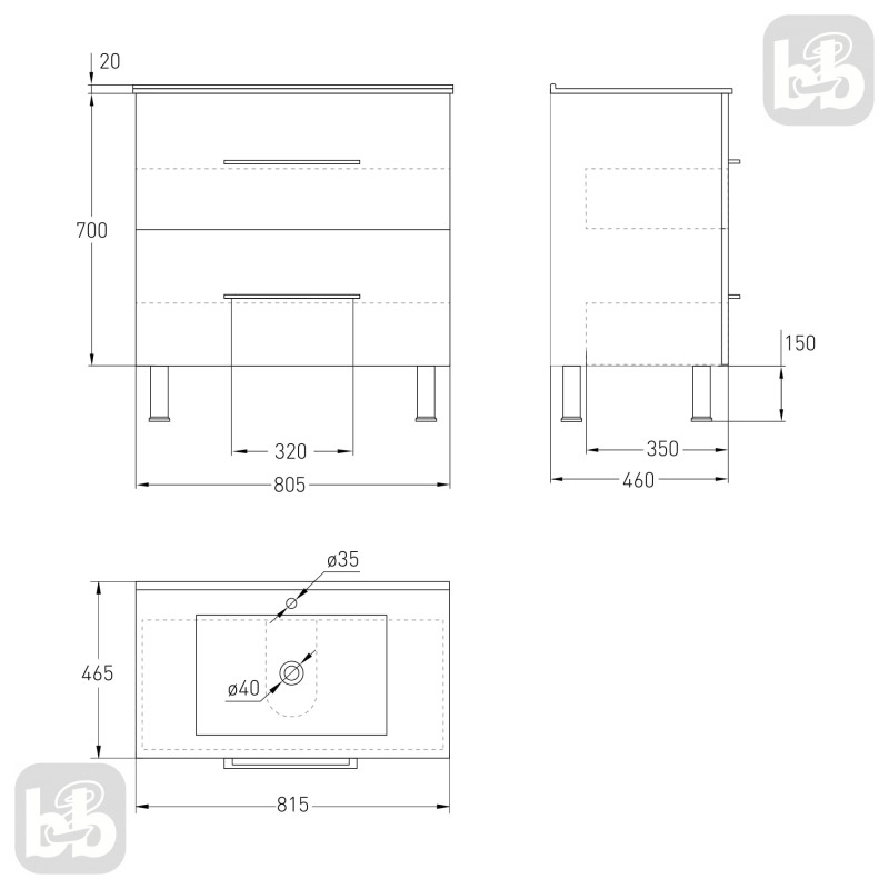 VOLLE NEMO NEW комплект меблів 80см білий: тумба підлогова, 2 ящики + умивальник накладний, (15-17-81N)
