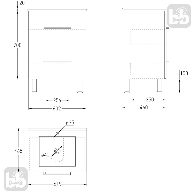 VOLLE NEMO NEW комплект меблів 60см білий: тумба підлогова, 2 ящики + умивальник накладний арт 13-01-060B, (15-17-61N)
