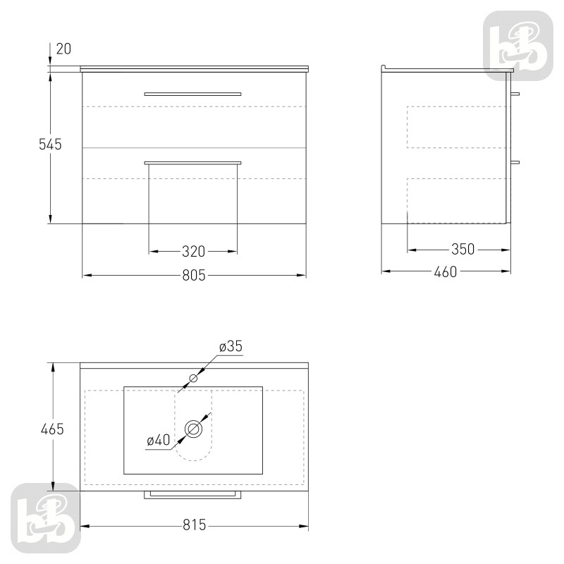 VOLLE NEMO NEW комплект меблів 80см білий: тумба підвісна, 2 ящики + умивальник накладний арт 13-01-080B, (15-17-80N)