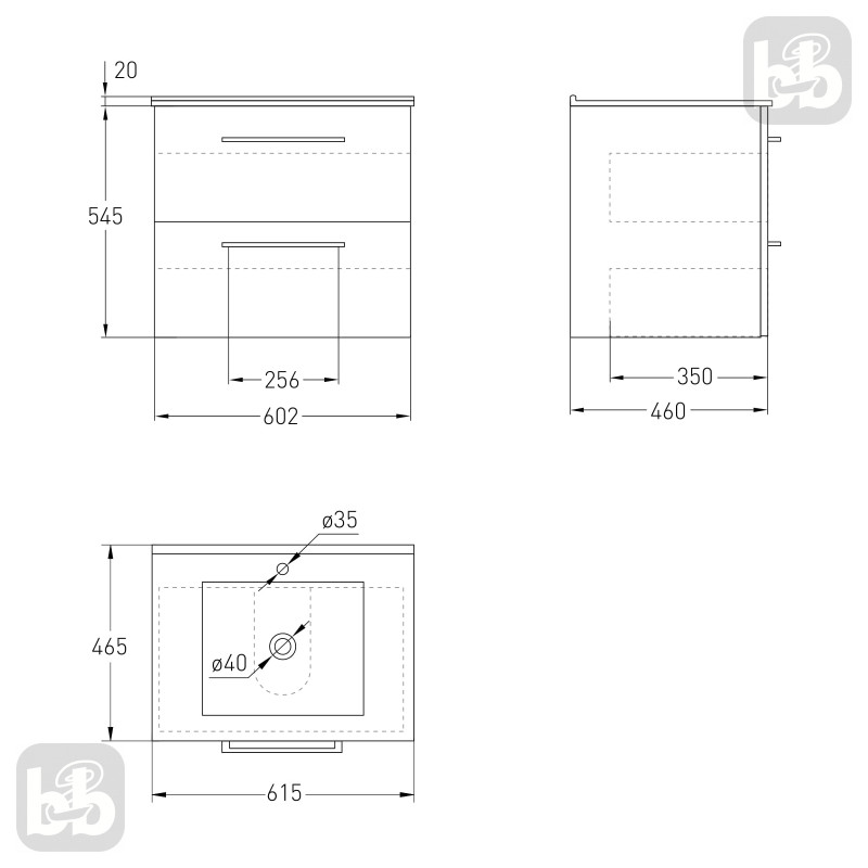 VOLLE NEMO NEW комплект меблів 60см білий: тумба підвісна, 2 ящики + умивальник накладний, (15-17-60N)