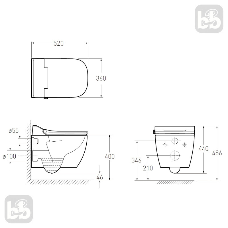 VOLLE ORLANDO Rimless унітаз підвісний 52*36*40см у комплекті з сидінням з функцією біде, електронне керування, (1325.001057)
