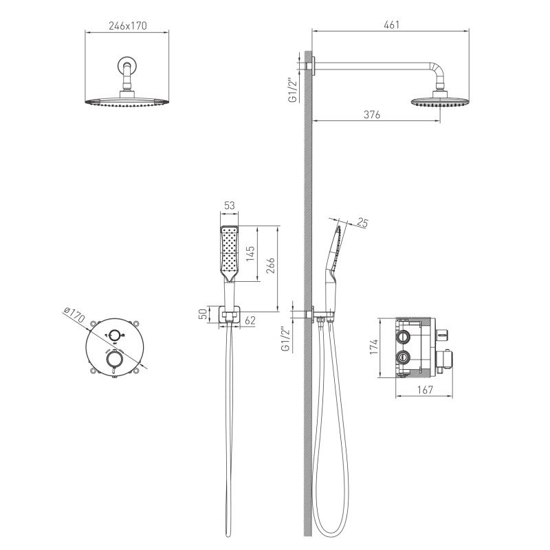 VOLLE SISTEMA P система душова прихованого монтажу (термостат для душа,верхній душ 246*170мм ABS,ручний душ 53мм 1 режим,темно-сірі лійки,шланг 160см),cromo, (1584.090701)
