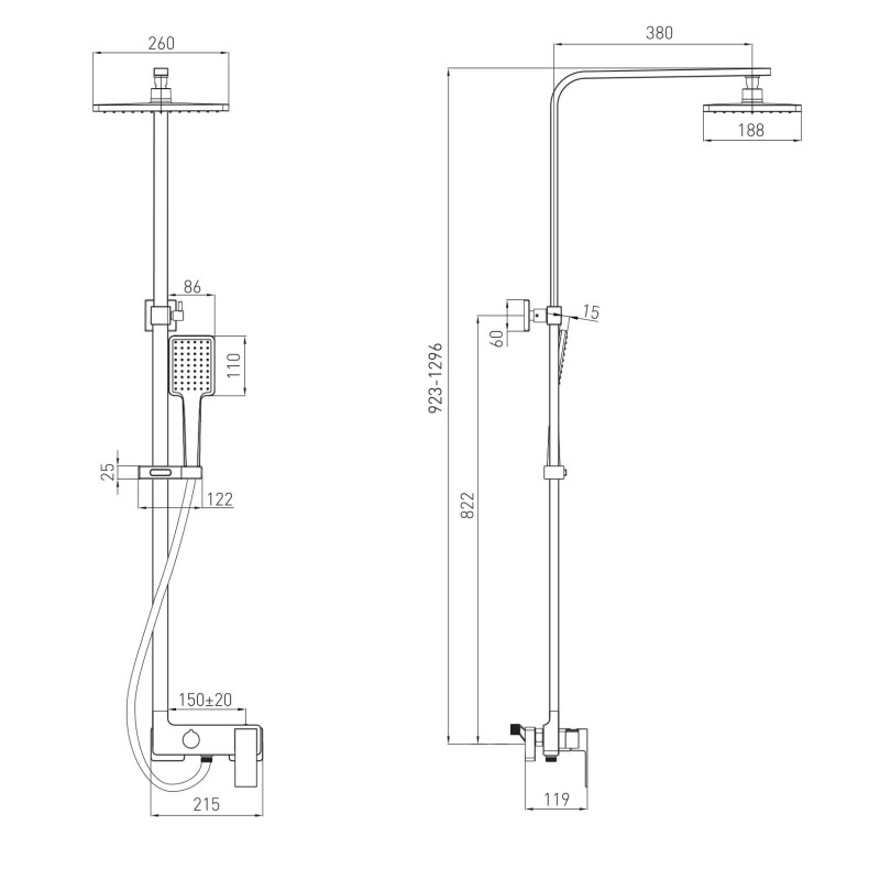 VOLLE СИСТЕМА L система душевая (смеситель для душа, верхний душ 260*188 мм ABS, ручной душ 86 мм 1 режим, шланг 150 см), de la noche, (1582.090204)