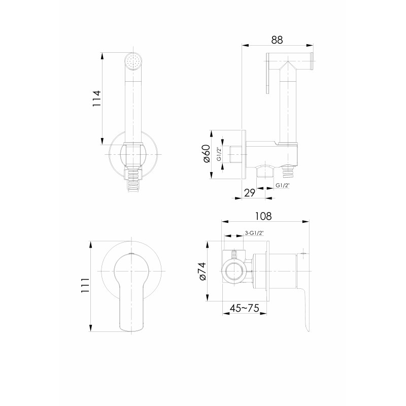 VOLLE LIBRA набор гигиенический (смеситель скрытого монтажа с гигиеническим душем), de la noche, (1521.160104)
