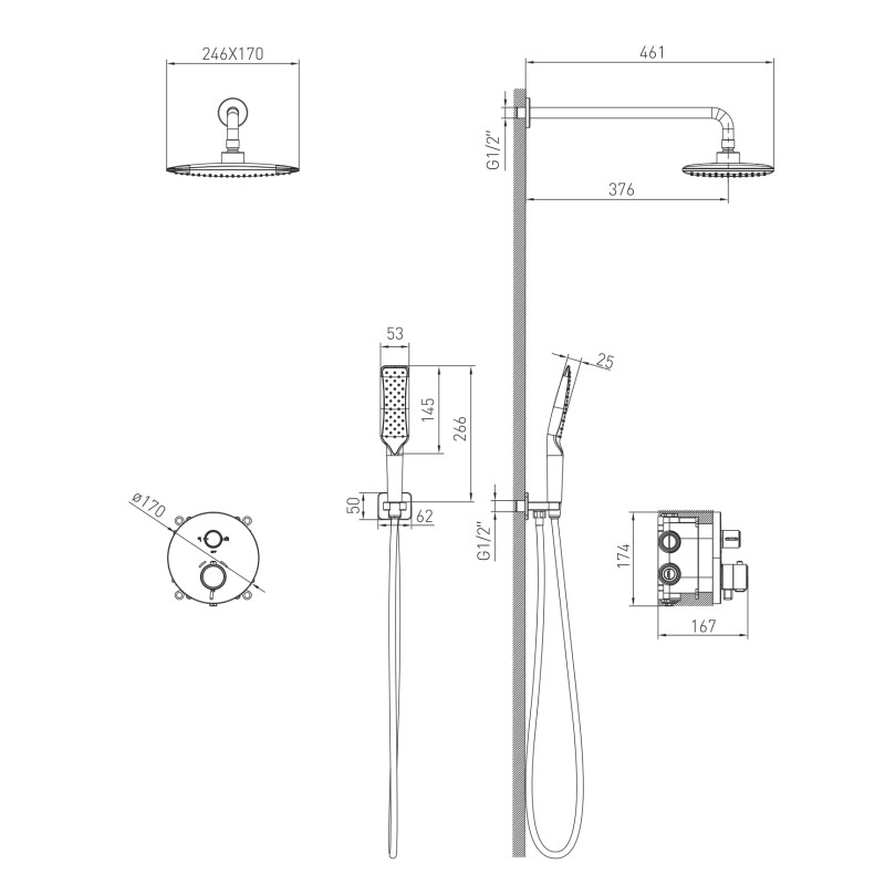 VOLLE СИСТЕМА P система душевого скрытого монтажа (термостат для душа, верхний душ 246*170мм ABS, ручной душ 53мм 1 режим, белые лейки, шланг 160см), хром, (1584.090801)