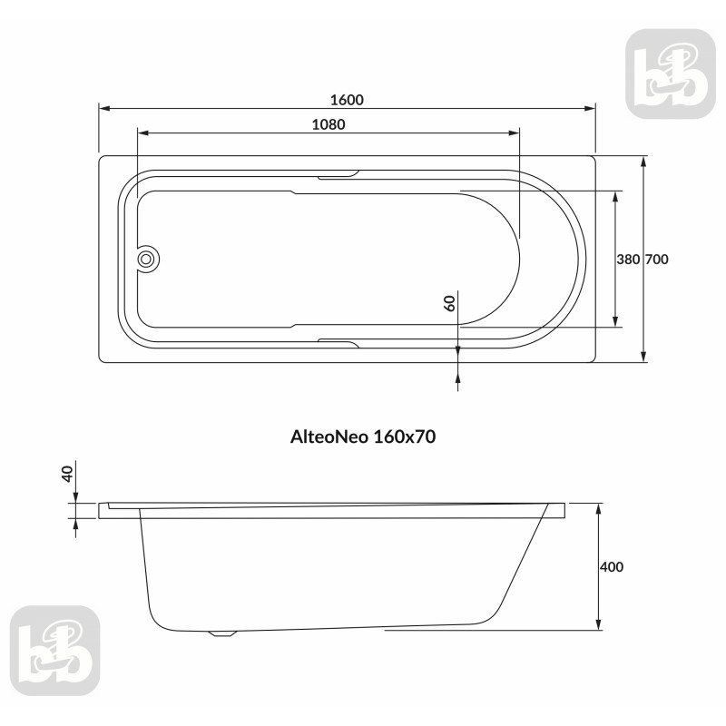 VOLLE ALTEA NEO ванна 160*70см без ніжок, акрил 5мм, (1228.001670)