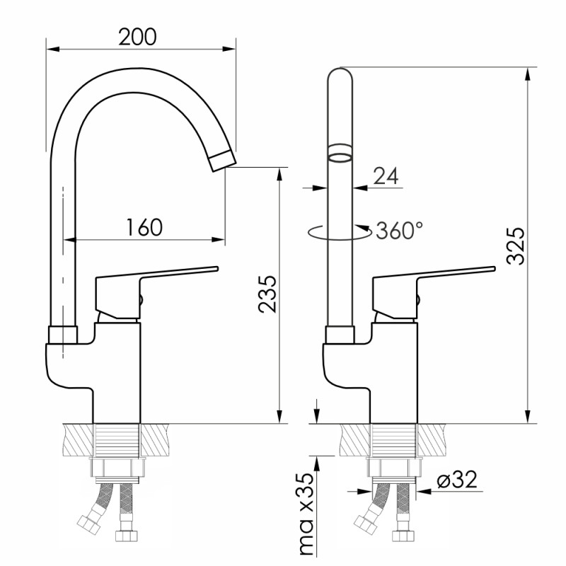 VOLLE TRAJAN смеситель для кухни, 35 мм, cromo, (1545.110101)