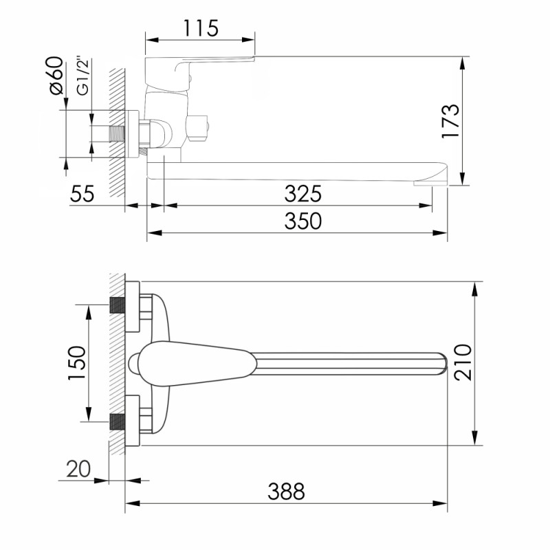 VOLLE ТРАЯН смеситель для ванны, L-излив, 35 мм, хром, (1545.030201)