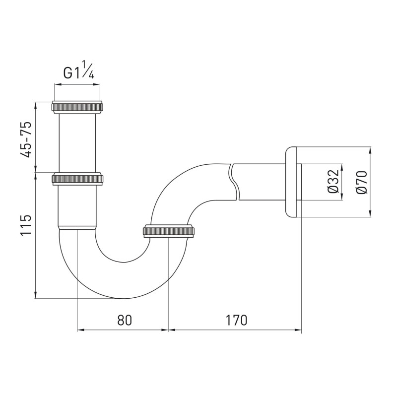 VOLLE Сифон для умивальника трубний, латунь, 1 1/4", патрубок Ø32 мм, cromo, (9000.094301)