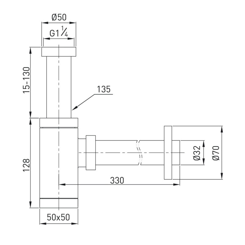 VOLLE Сифон для умывальника с квадратной колбой, латунь, 1 1/4", труба Ø32 мм, de la noche, (9000.094104)