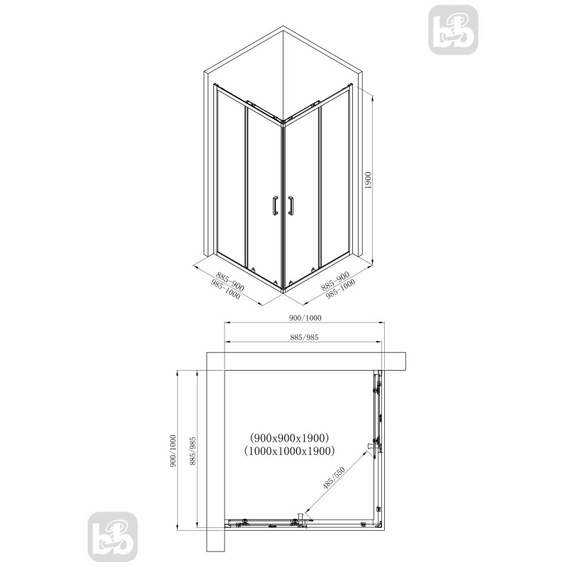 VOLLE MORA 90-C душевая кабина 90*90*190 см квадратная, раздвижная, профиль хром, стекло прозрачное, (1037.124501)