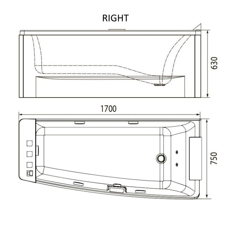 VOLLE Ванна гідромасажна 1700*750*630мм акрилова права, (12-88-102/R)