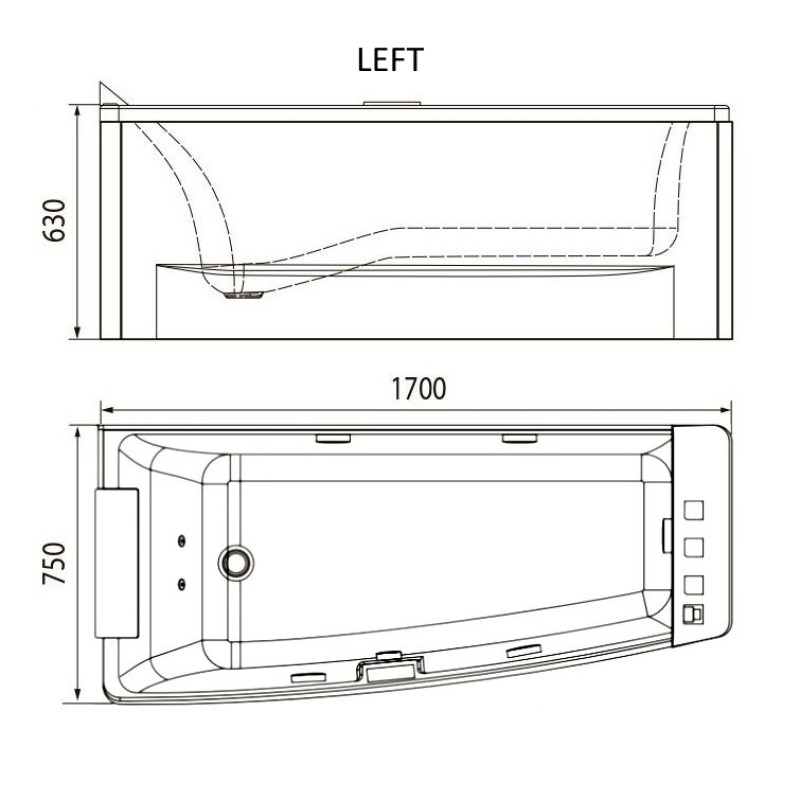 VOLLE Ванна гидромассажная 1700*750*630мм акриловая левая, (12-88-102/L)