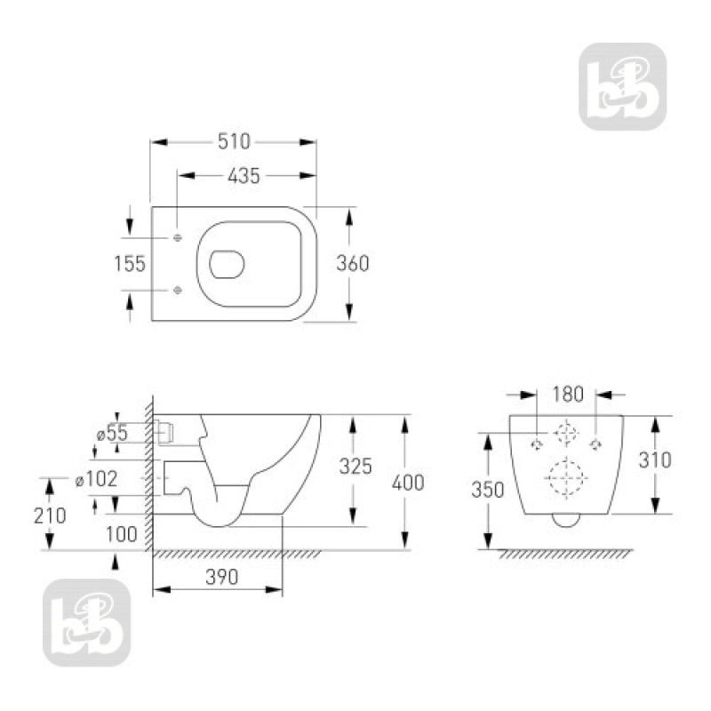 VOLLE Набір інсталяційний: ORLANDO Rimless унітаз 51*36*40см підвісний, сидіння тверде Slim slow-closing, 111.300.00.5 DUOFIX монтажний елемент, (13-35-373+111.300.00.5)
