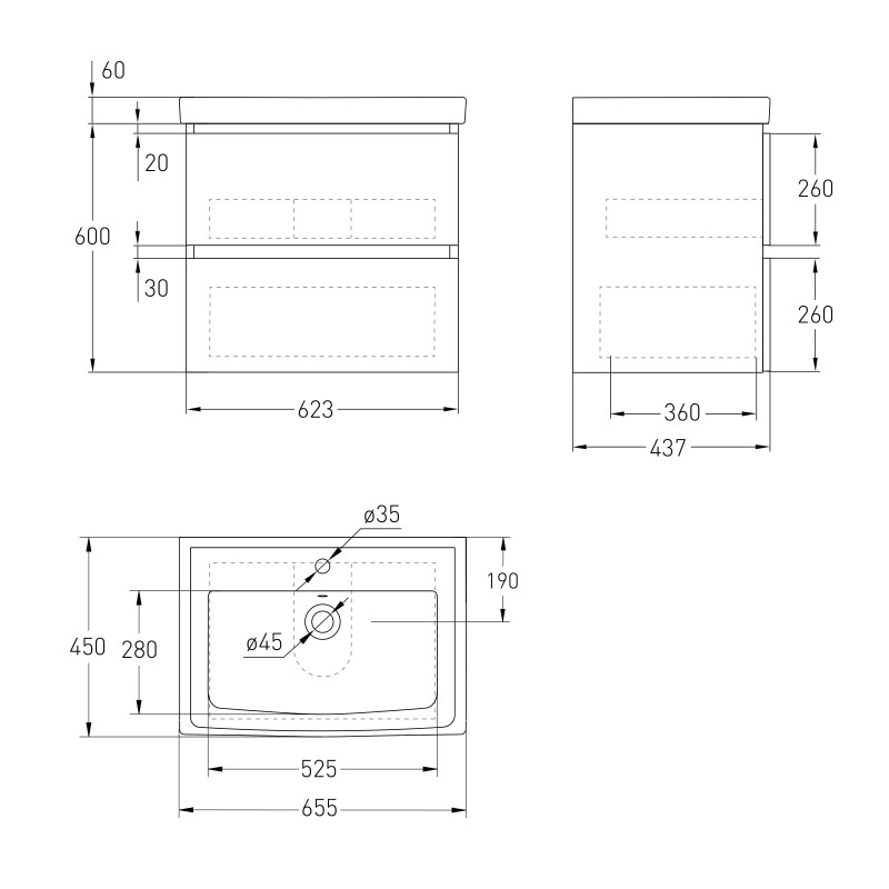 VOLLE OLIVA комплект меблів 65см капучино: тумба підвісна, 2 ящики + умивальник накладний, (15-45-61C)