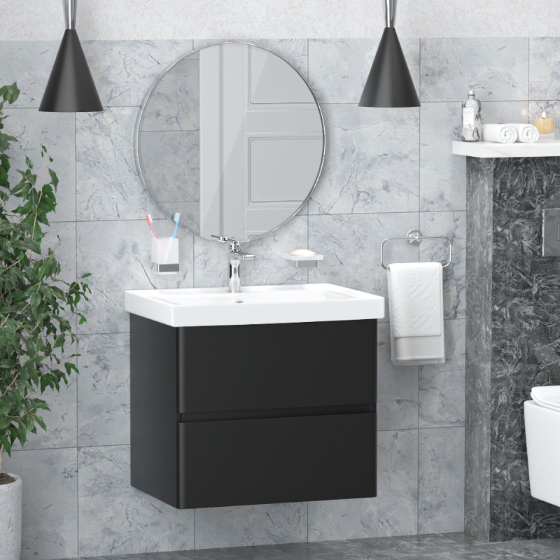 VOLLE OLIVA комплект меблів 65см чорний: тумба підвісна, 2 ящики + умивальник накладний арт 13-01-065А, (15-45-61B)