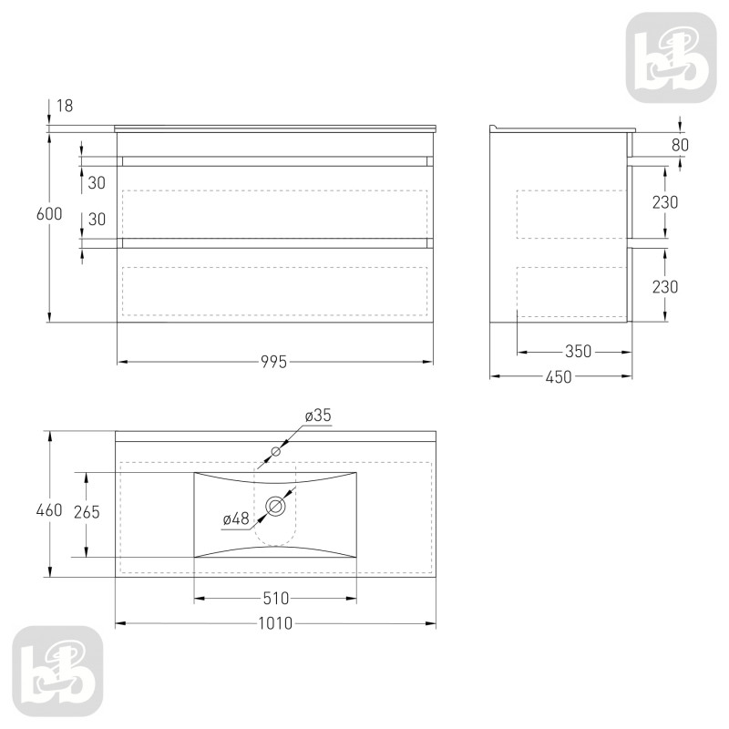 VOLLE FIESTA комплект меблів 100см білий: тумба підвісна, 2ящики + умивальник накладний арт 13-01-042F, (15-100-01)