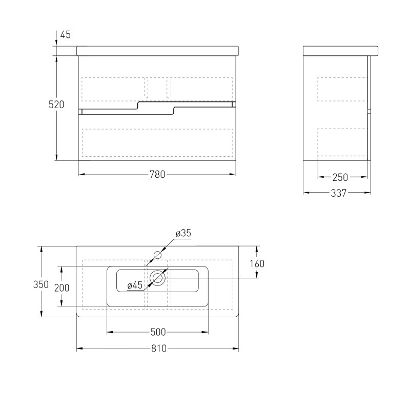 VOLLE AIVA комплект меблів 80см білий: тумба підвісна, 2 ящики + умивальник накладний арт 15-68-080, (15-68-80)