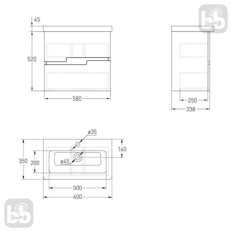 VOLLE AIVA комплект меблів 60см білий: тумба підвісна, 2 ящики + умивальник накладний арт 15-68-060, (15-68-60)