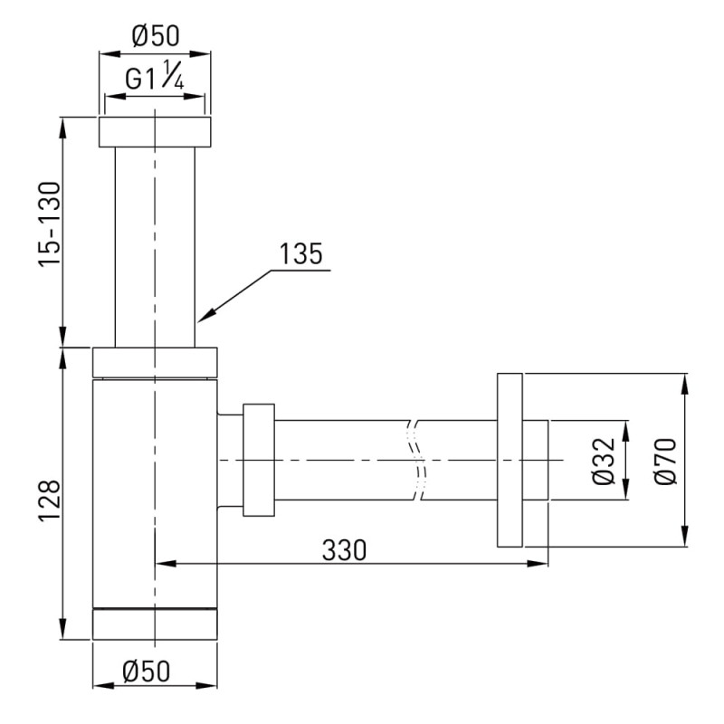 VOLLE Сифон для раковин та біде циліндричний, латунь, 1 1/4, cromo, (90-00-182)