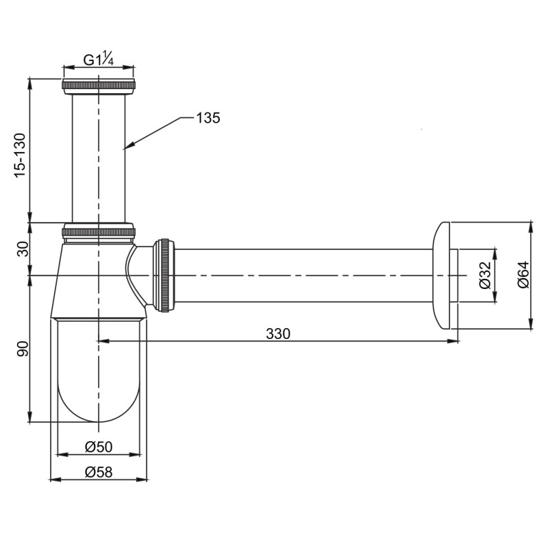 VOLLE Сифон для раковин та біде колбовий, латунь, 1 1/4", cromo, (90-00-181)