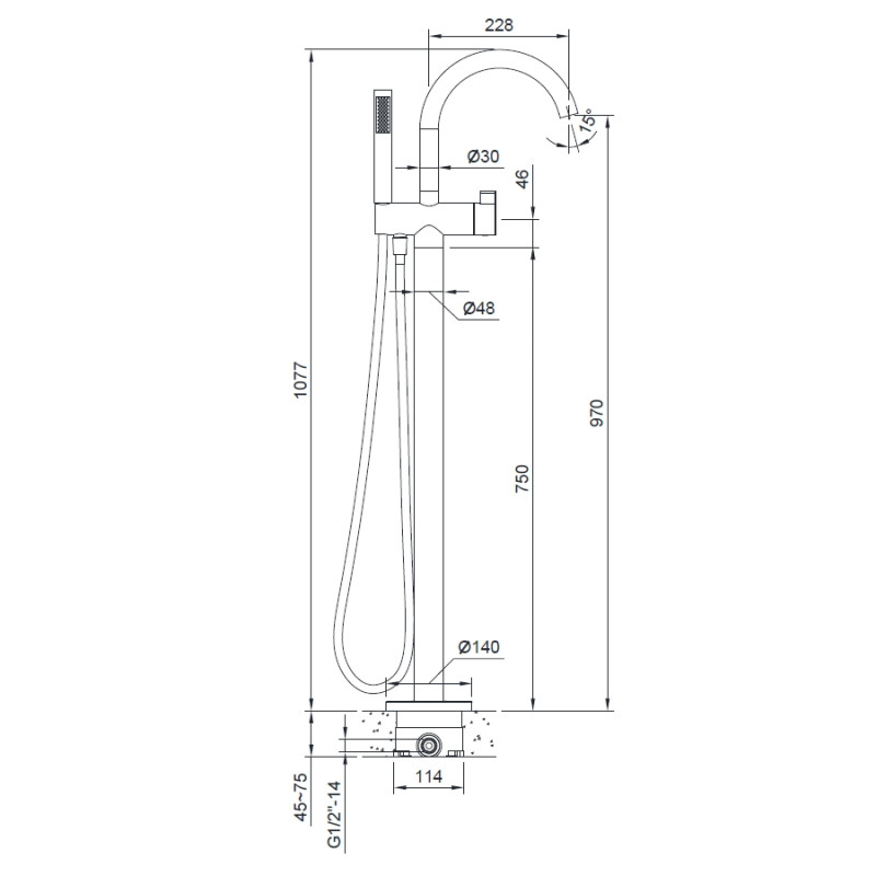 VOLLE Смеситель для ванны отдельностоящий, хром, (12-33-100)