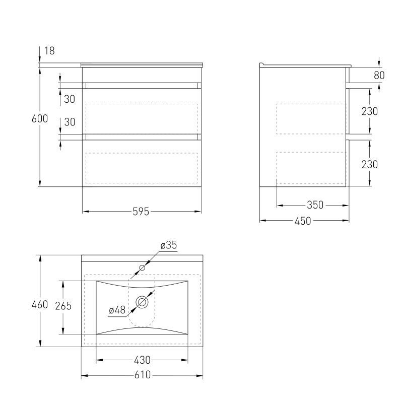 VOLLE FIESTA комплект меблів 60см білий: тумба підвісна, 2 ящики + умивальник накладний арт 13-01-042A, (15-600-01)