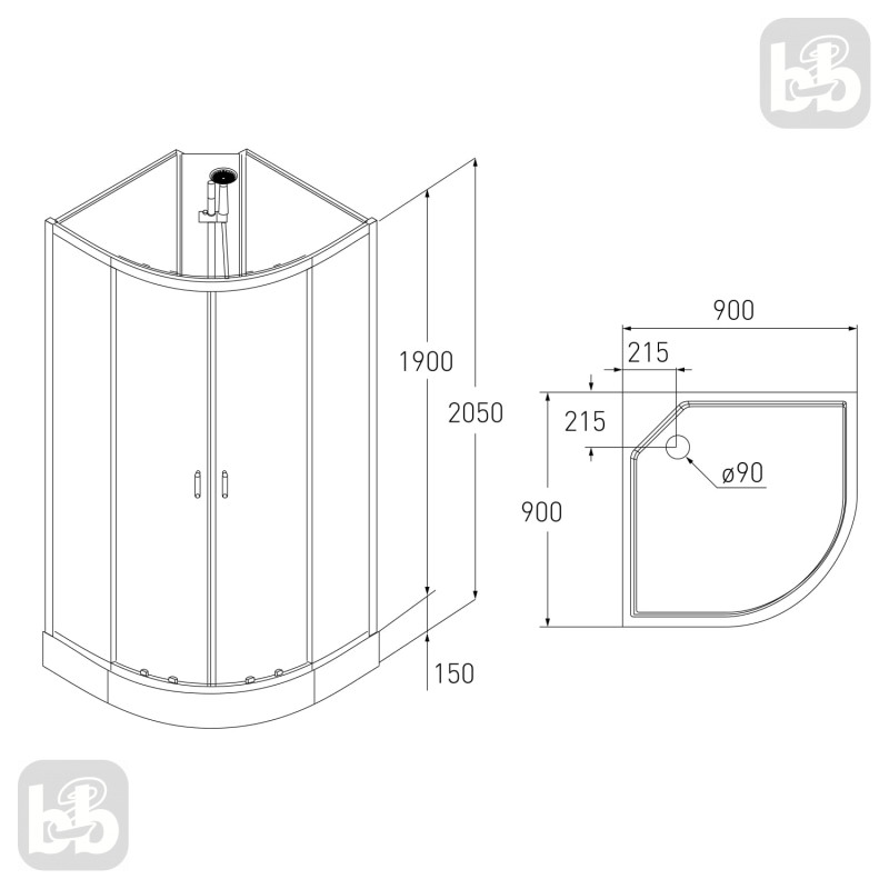 VOLLE OLIVA душовий бокс без даху 90*90*205см в комплектi з мiлким пiддоном,профiль хром, скло прозоре, (11-88-173)