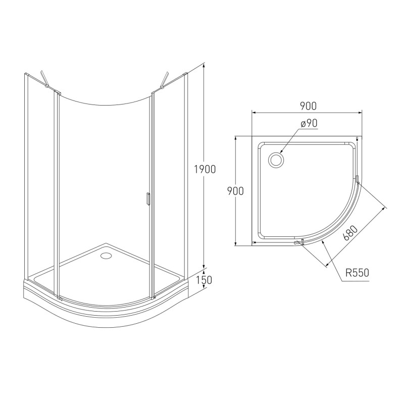 VOLLE ОРЛАНДО душевая кабина 90*90*205см в комплекте с мелким поддоном, раздвижная, хромированная, стекло прозрачное 6мм, (10-22-504)