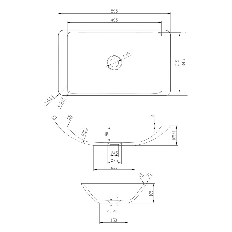 VOLLE Умивальник 59,5*34,5*10,5см накладний кам`яний Solid surface, (13-40-859)