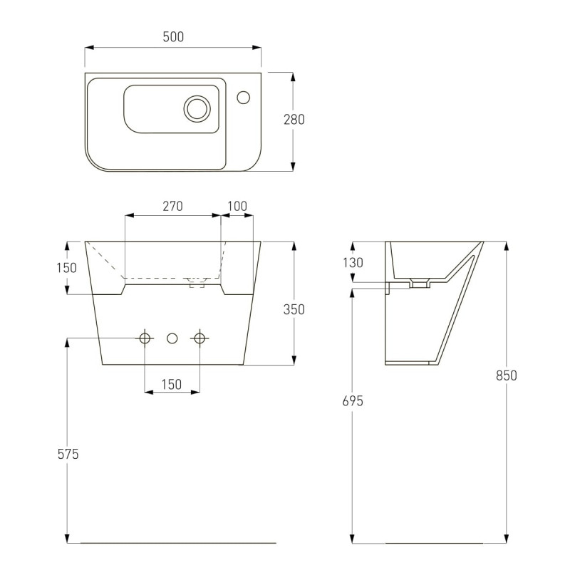 VOLLE TEO black умывальник 50*28*35см моноблок подвесной, (13-88-601black)