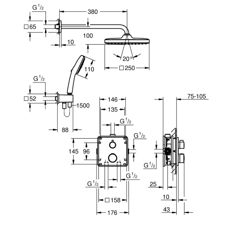 Grohe 34871000 ГРТ ТХМ Душевая система на 2 выхода, квадратная, 250 Т ТХМ Душевая система на 2 выхода, квадратная, 250 (34871000)