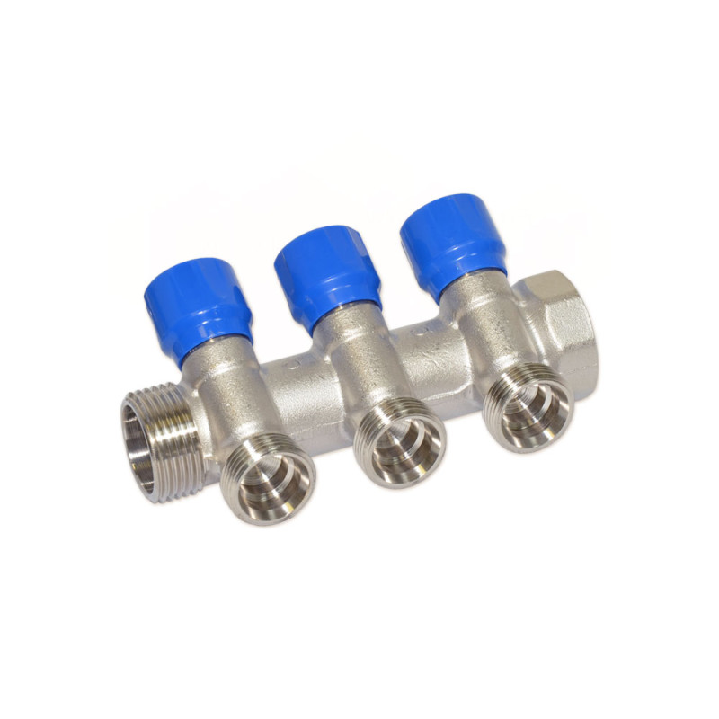 Carlo Poletti Коллектор угловой Ø1″ x 3 выхода x 3/4″ EK (синие ручки) никель (C323N12QB)