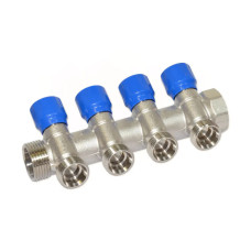 Carlo Poletti Коллектор угловой Ø1″ x 4 выхода x 3/4″ EK (синие ручки) никель (C324N12QB)