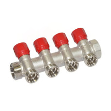 Carlo Poletti Коллектор угловой Ø1″ x 4 выхода x 3/4″ EK (красные ручки) никель (C324N12QR)