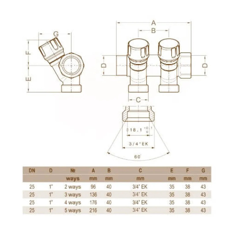 Carlo Poletti Коллектор угловой Ø1″ x 4 выхода x 3/4″ EK (красные ручки) никель (C324N12QR)