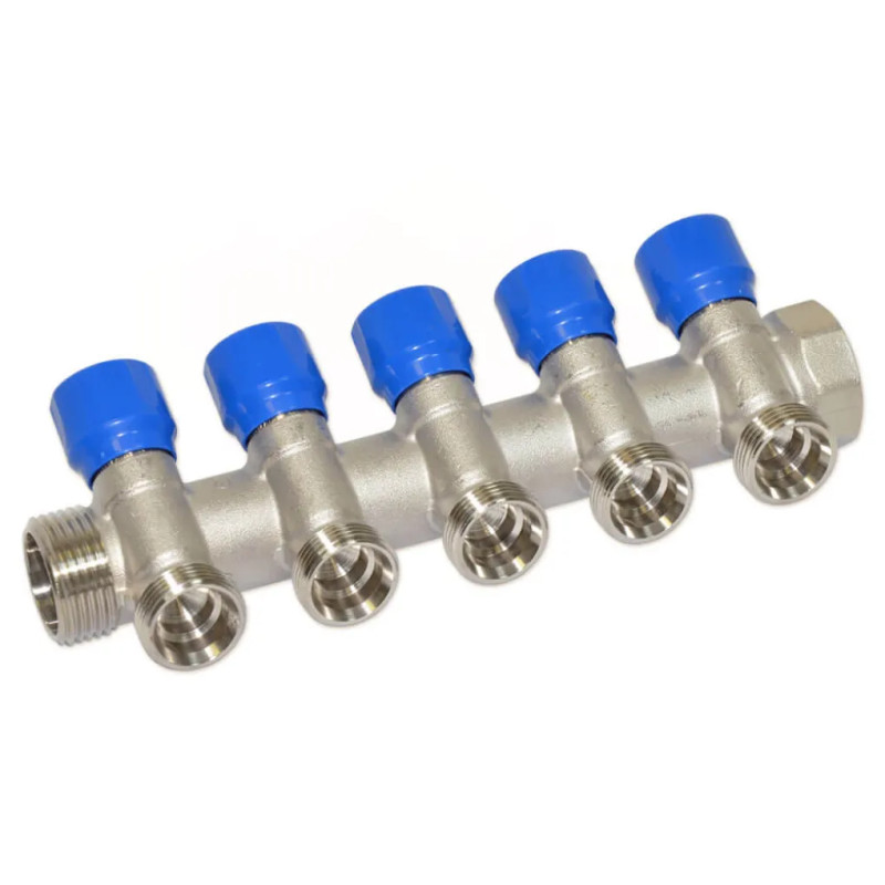 Carlo Poletti Коллектор угловой Ø1" x 5 выходов x 3/4" EK (синие ручки) никель (C325N12QB)