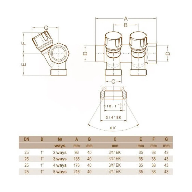 Carlo Poletti Коллектор угловой Ø1″ x 5 выходов x 3/4″ EK (красные ручки) никель (C325N12QR)