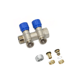 Carlo Poletti Коллектор угловой (с гайками) Ø3/4″ x 2 выхода x 24-19 (синие ручки) никель (C322N01QB)