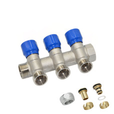 Carlo Poletti Коллектор угловой (с гайками) Ø3/4″ x 3 выхода x 24-19 (синие ручки) никель (C323N01QB)