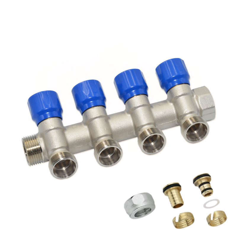 Carlo Poletti Коллектор угловой (с гайками) Ø3/4″ x 4 выхода x 24-19 (синие ручки) никель (C324N01QB)