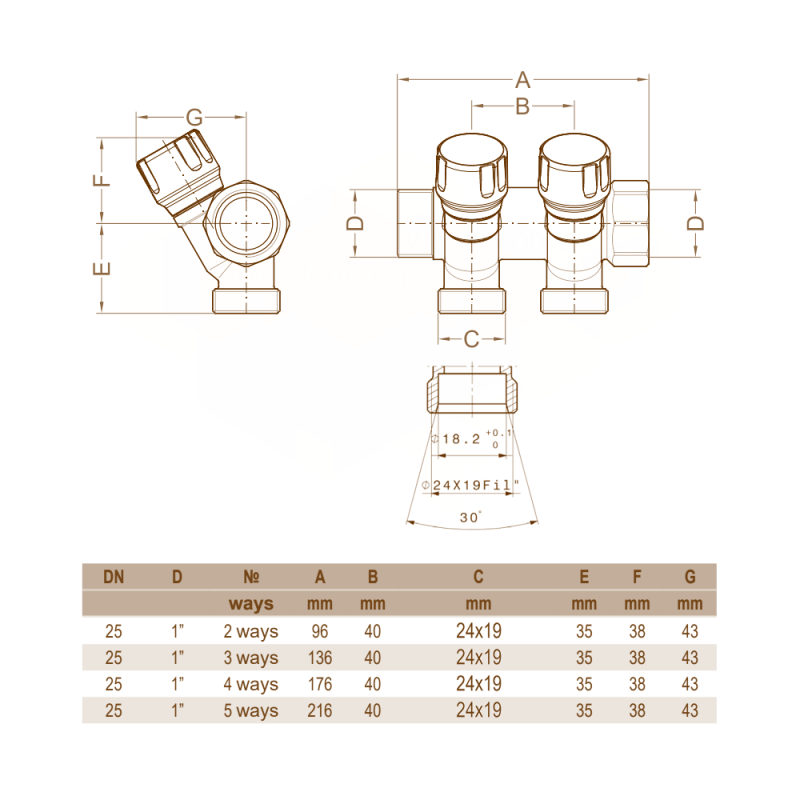 Carlo Poletti Коллектор угловой (с гайками) Ø3/4″ x 4 выхода x 24-19 (синие ручки) никель (C324N01QB)