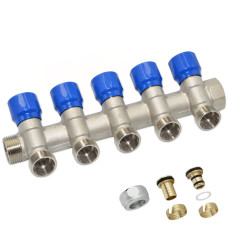 Carlo Poletti Коллектор угловой (с гайками) Ø3/4″ x 5 выходов x 24-19 (синие ручки) никель (C325N01QB)