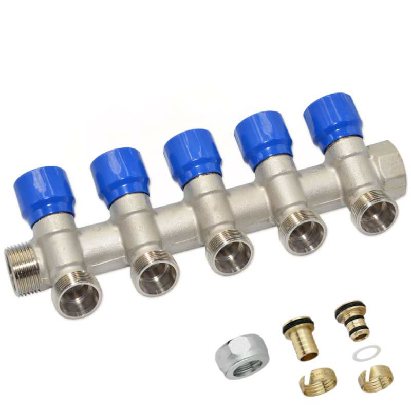 Carlo Poletti Коллектор угловой (с гайками) Ø3/4″ x 5 выходов x 24-19 (синие ручки) никель (C325N01QB)