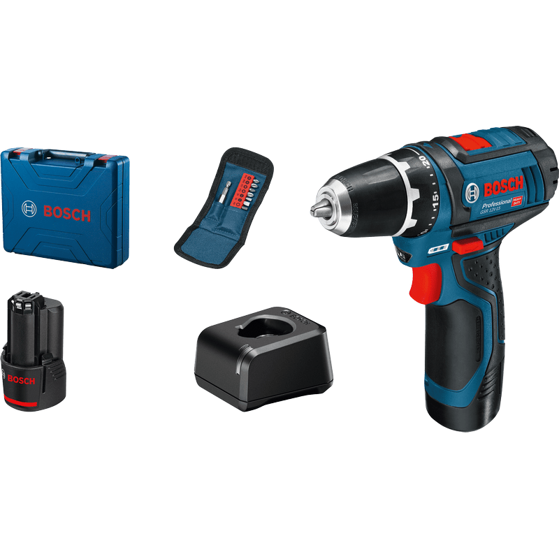 BOSCH Шурупокрут-дриль акумуляторний GSR 12V-15 12В 2х2А/год 15-30Нм 0-400/400-1300об·хв 1кг набір 10 біт кейс (060186810G)