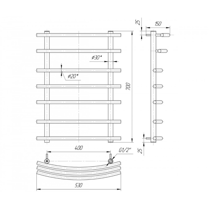 Mario Полотенцесушитель ™МАРИО, Марио 700×530/400 (1.1.0700.01.P)